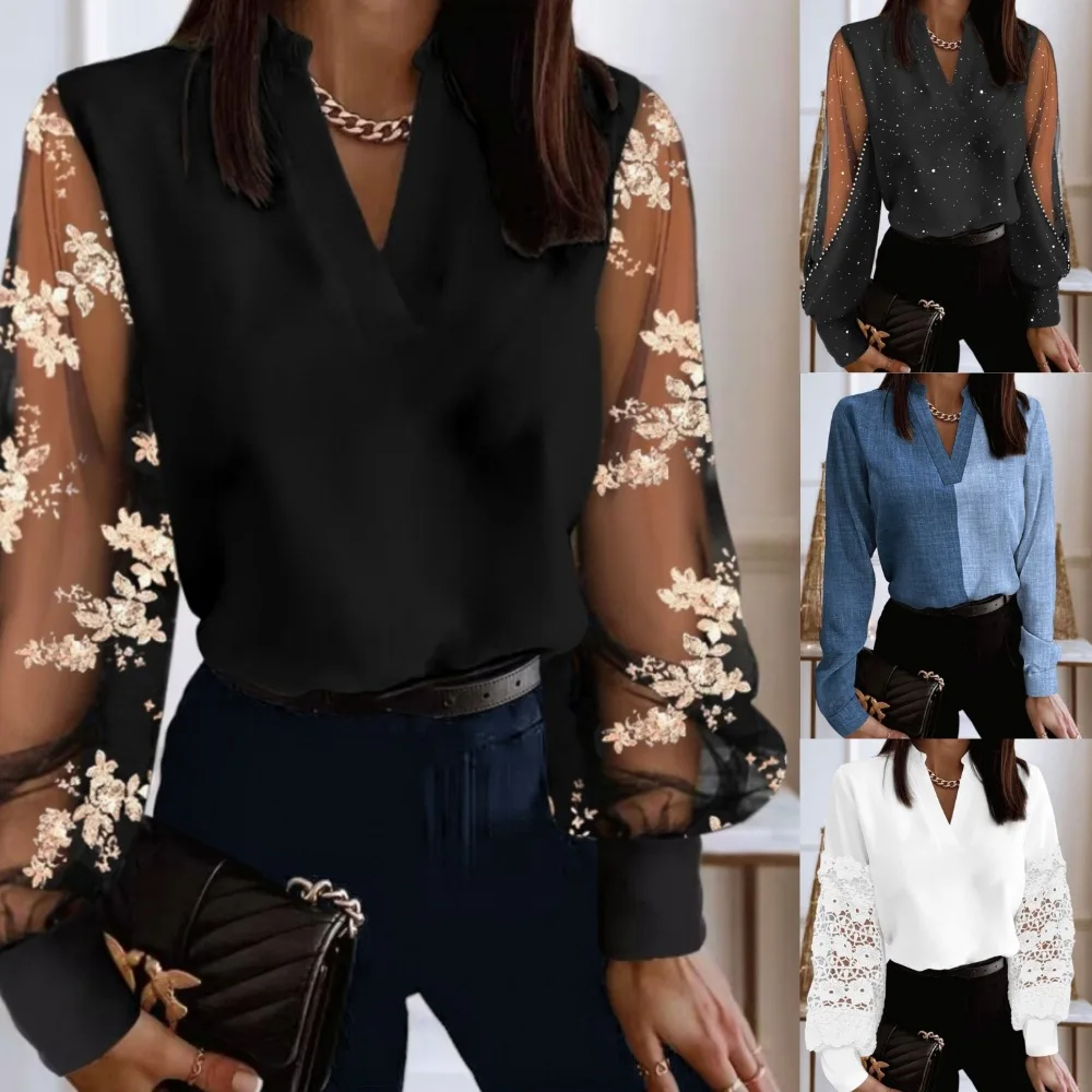 Lace Floral Embroidery V Neck Blouse for Women