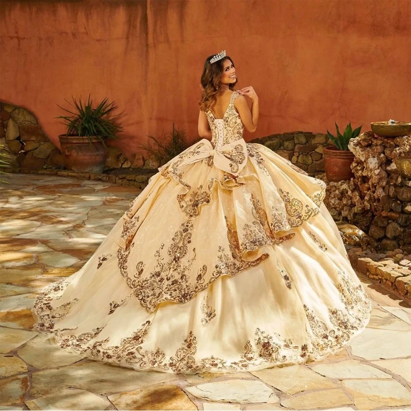 EVLAST Quinceanera Dress Cap Sleeve Flower Applique Gold Lace Crystal Formal Princess Gown Vestido De 15 A&ntilde;os TQD021