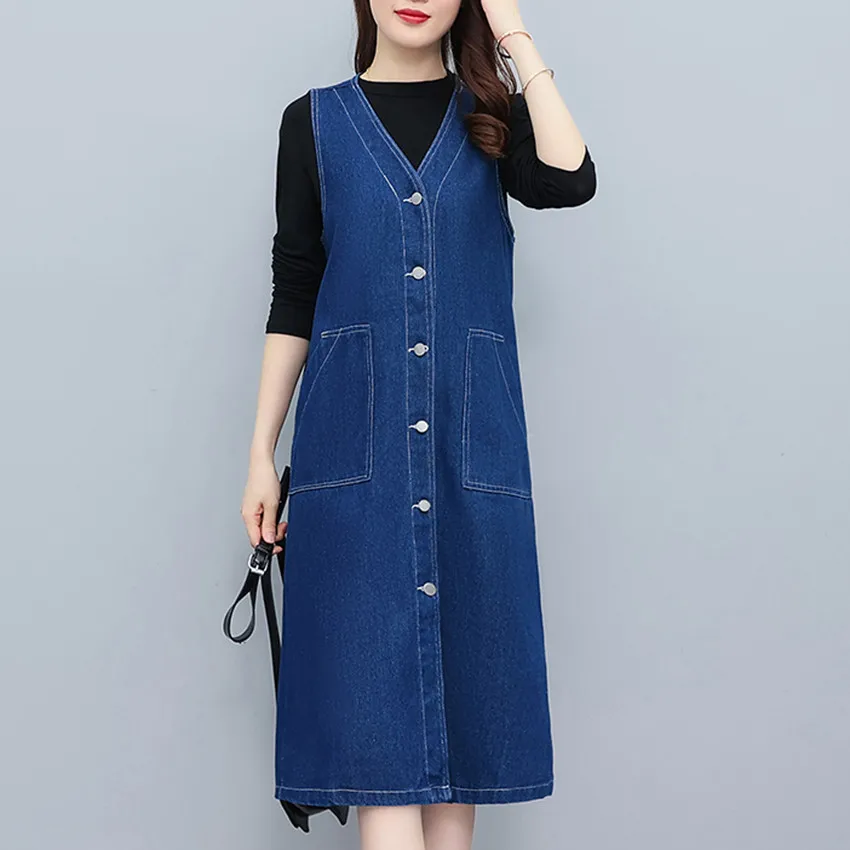 

Women V-Neck Single Breasted Demin Suspender Dress Korean Fashion Vintage Sundress All Match Mini Dress Robe Femme