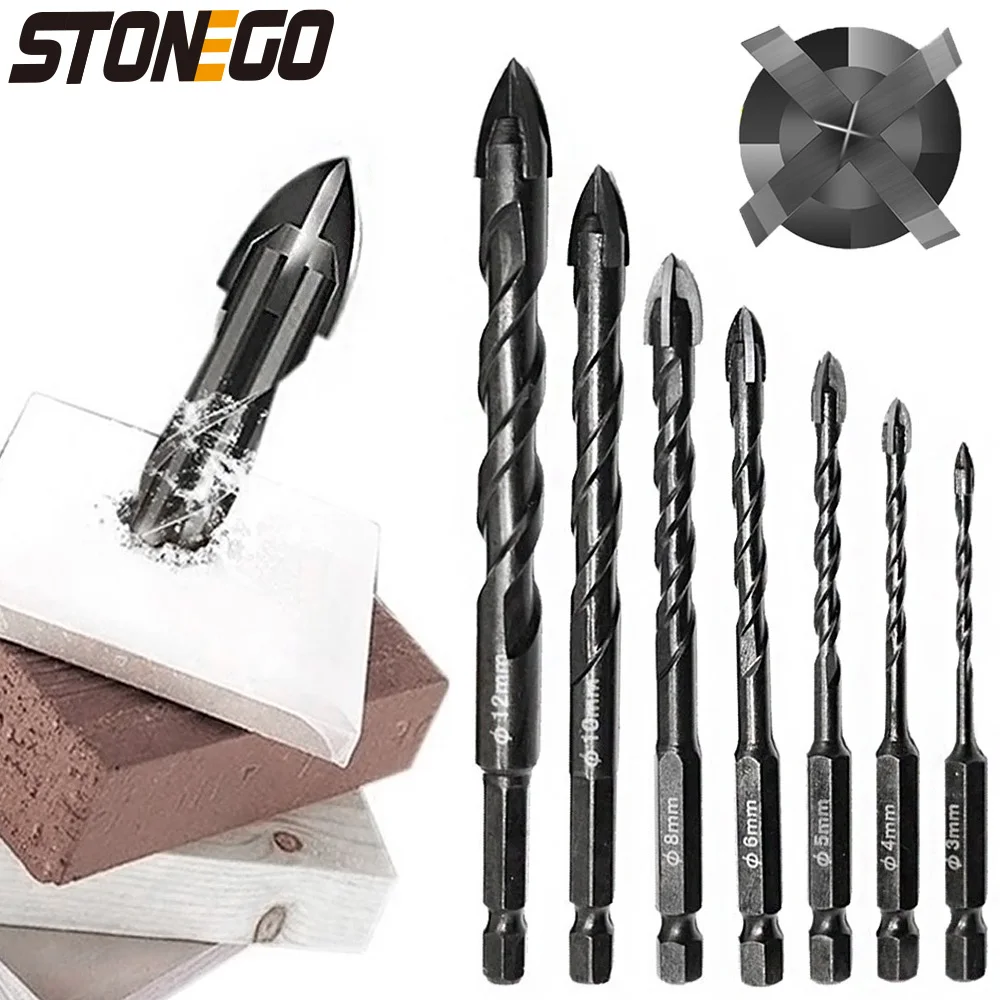 STONEGO Hard Alloy Cross Hex Tile Bits Hole Opener Suitable For Wood Glass Porcelain Tile Concrete Size 3/4/5/6/8/10/12mm 6 35mm hexagon shank spiral fluted cross alloy drill bit for tile brick wall concrete glass ceramic wood aluminum plastic steel