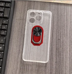 Enhanced Soft TPU Silicone Phone Case with Back Finger Ring and Bracket Stand - Compatible with 7.2 Devices for Cubot Note 60 (Transparent C Red)