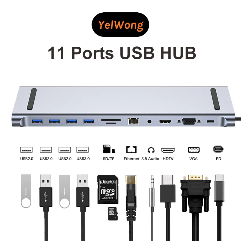 

USB-концентратор 11 в 1, Тип C, разветвитель 3,0, адаптер 4K HDMI RJ45 SD/TF VGA HDMI DP док-станция для ноутбука Dell MacBook iPad xiaomi
