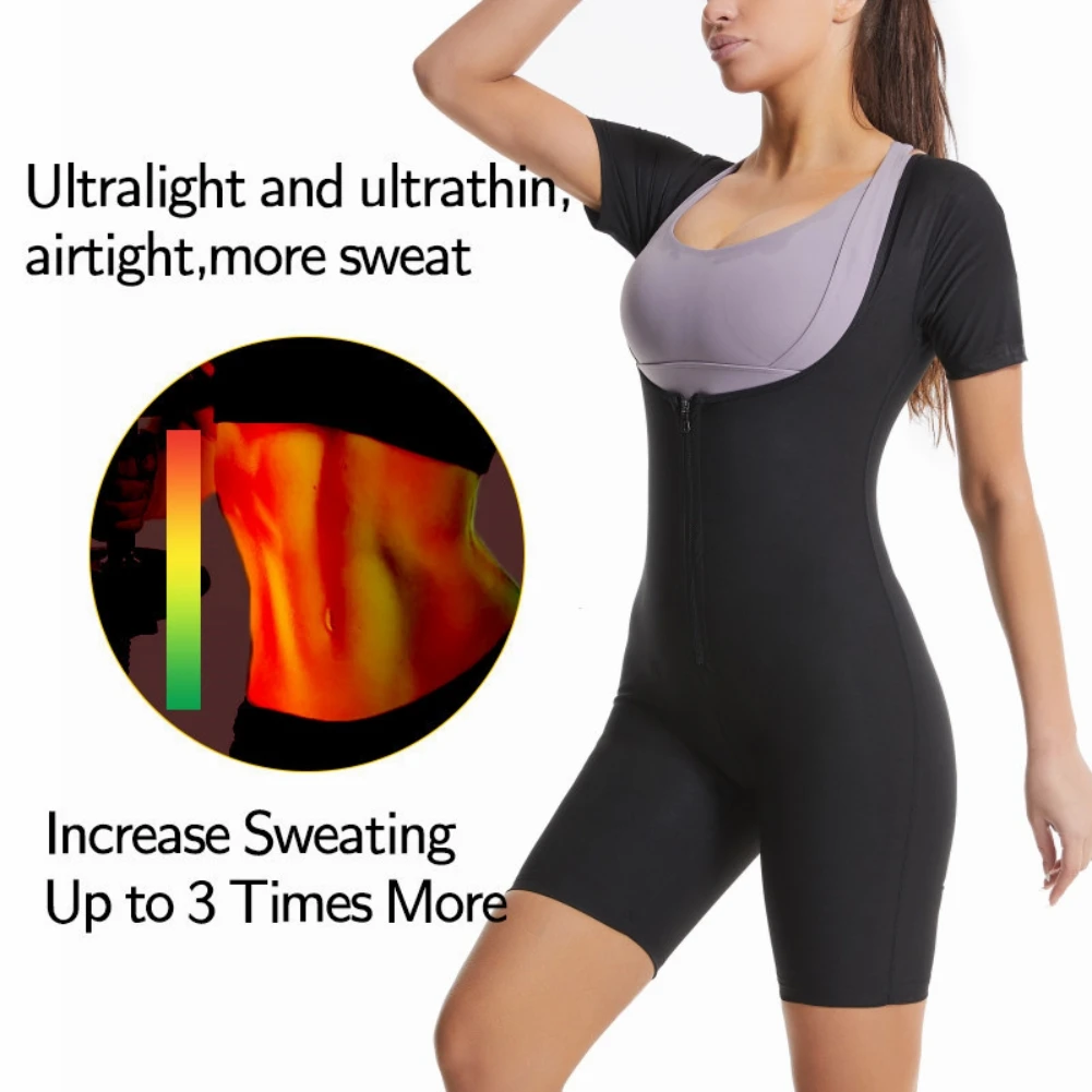 Sports Suit Home Sauna Suit for Women Sweat Vest Waist Trainer 3 in 1 Slimming Full Body Shaper Workout Fitness Top with Sleeve Shorts