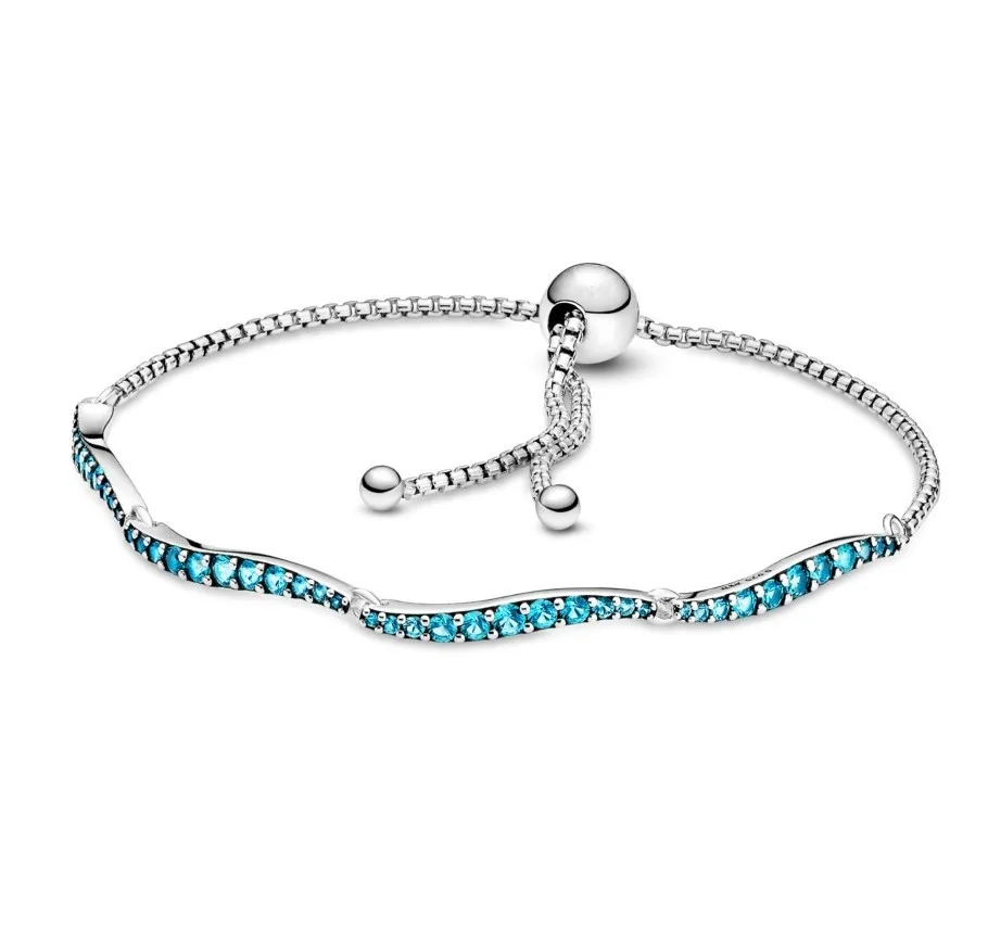 

Original Blue Wavy Slider Sparkling Strand Adjust Bracelet Bangle Fit Women 925 Sterling Silver Bead Charm Fashion Jewelry