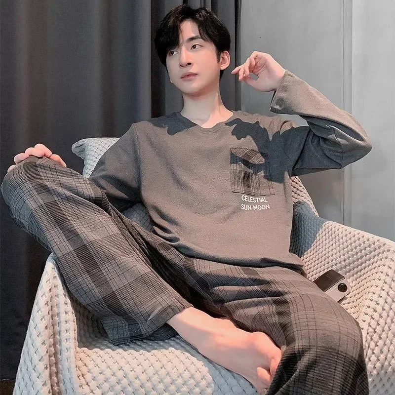 Pajamas Set of Men Cotton Long-Sleeved Simple Cartoon Dinosaur Sleepwear Homewear Students Two-Piece Nightwear Loungewear pajama sets
