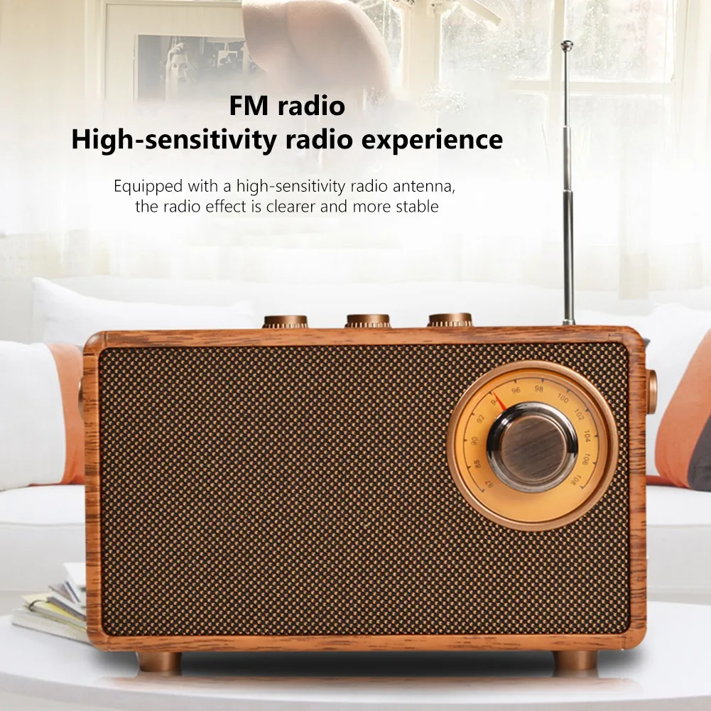 레트로 FM 라디오 휴대용 나무 블루투스 라디오 베이스 스피커, 핸즈프리 MP3 플레이어, 지지대 USB, TF 카드, AUX 재생
