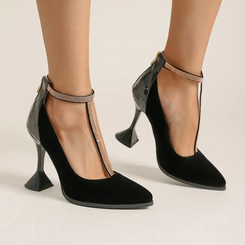 

Velour Velvet Pointed Toe Sexy Lady Party Wedding Heels Red Black T-strap Crystal Pumps Plis Size 48 49 50 Women Stiletto Shoes