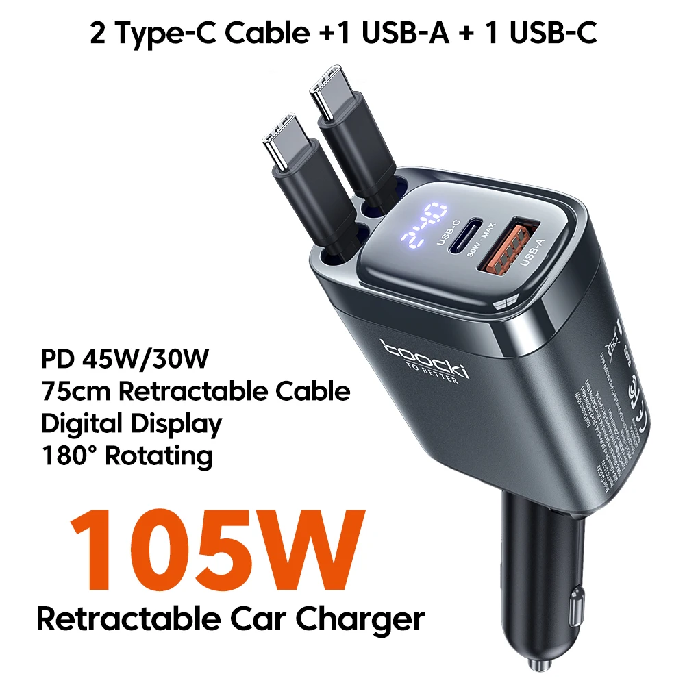 Toocki 4-in-1 Retractable 105W Fast Car Charger with Dual USB-C Ports and Digital Display