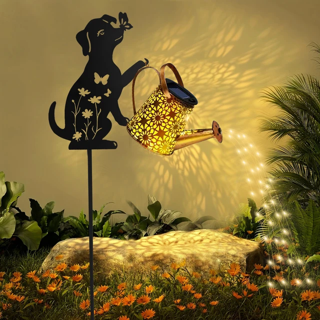 1 Outdoor Solar Cat/Dog Silhouette Watering Can Light - Hanging Solar Garden Decor for Lawn, Backyard, Pathway, and Patio 2