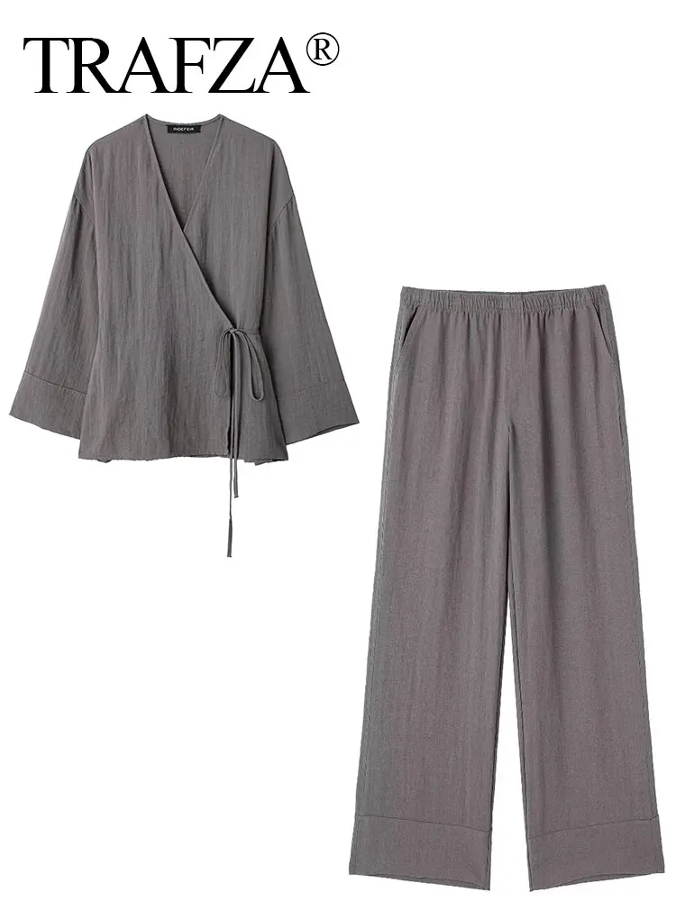 TRAFZA Women Elegant Solid Blouse Pant Suit Long Sleeve V Neck Lace Up Shirt Elastic Waist Casual Trouser Pajama Style Sets TRAF