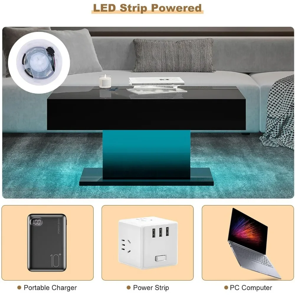 Led Coffee Table for Living Room, Living Room Table Rectangular Center Table, Modern High Glossy Wooden Coffee Tables