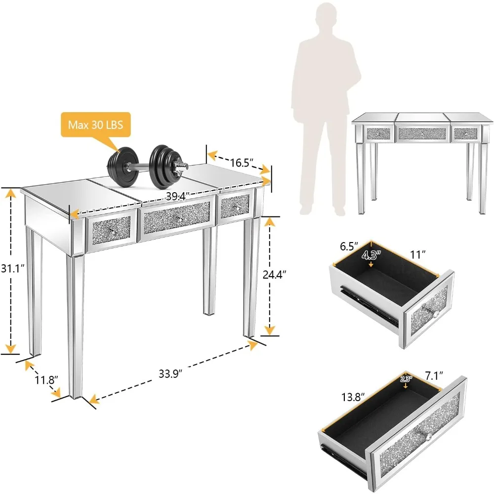 Mirrored Vanity Desk With Drawers and Flip Mirror, Glass Table, Silver Makeup Desk for Bedroom/Makeup Room