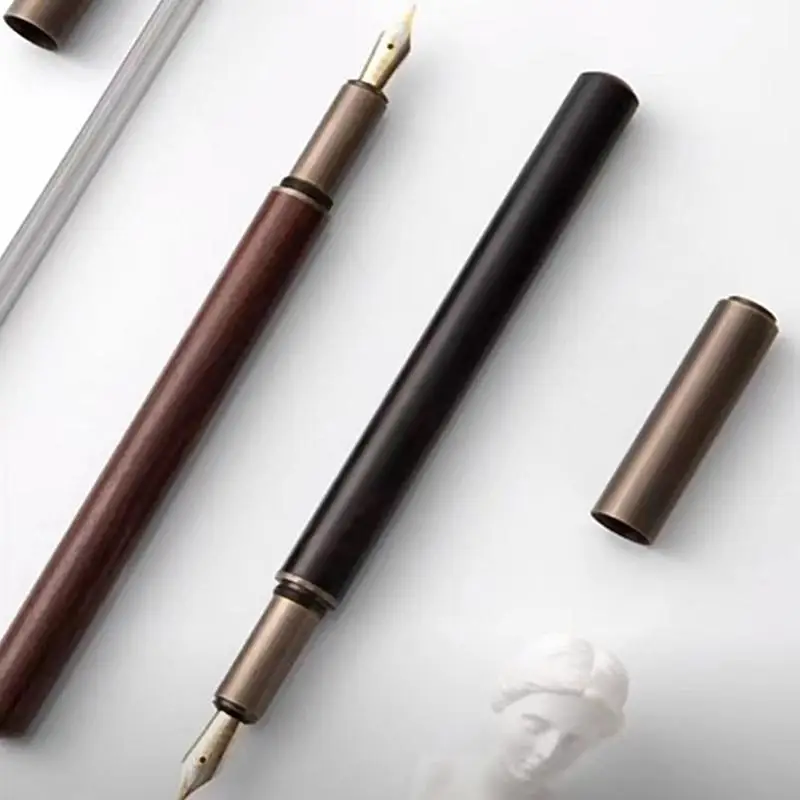 [C] 고급스러운 복고풍 나무 청동 만년필 사무실 비즈니스 글쓰기 예술 서예 잉크 펜 0.5mm 학교 학생 문구 선물