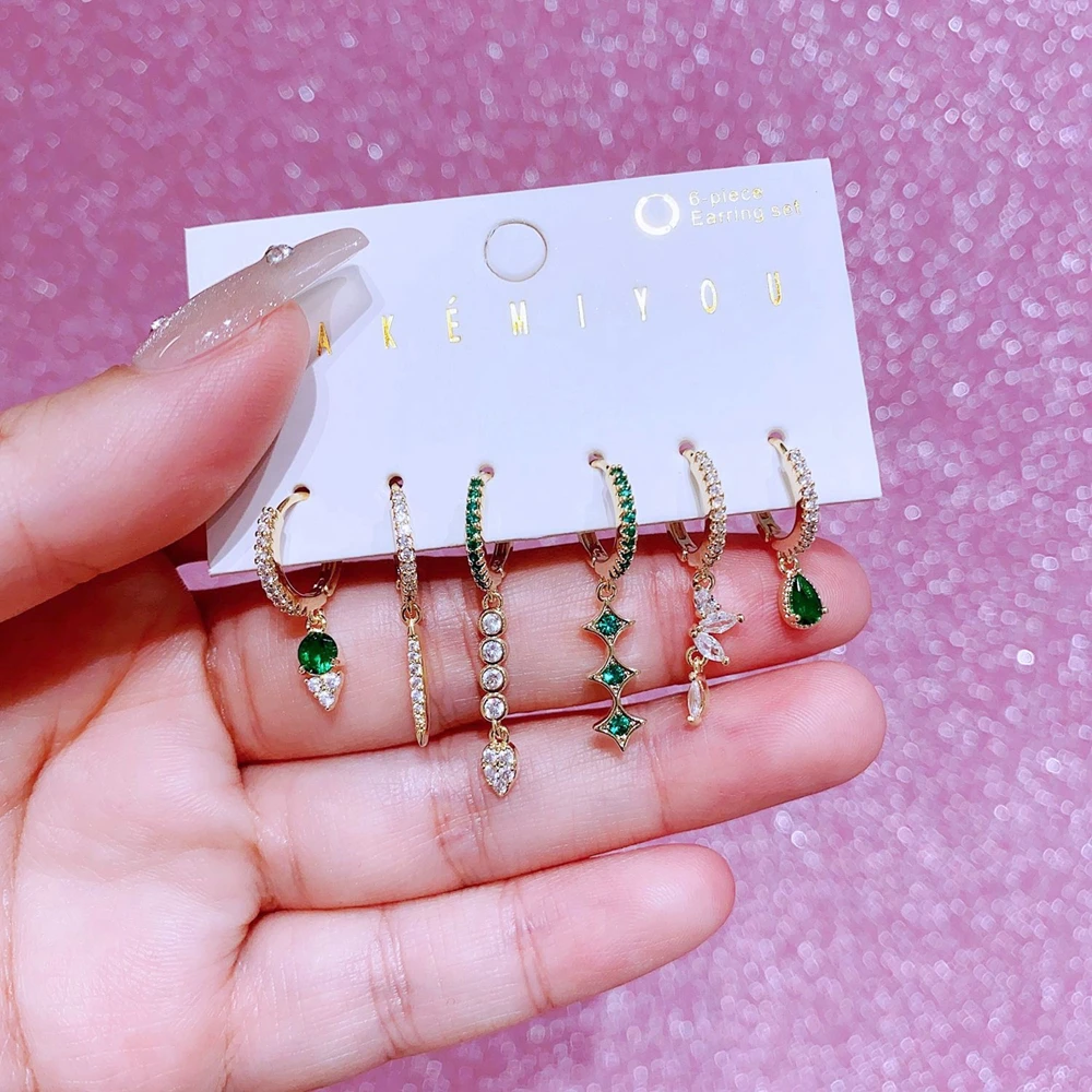 MIGGA 6pcs Luxury Green Cubic Zirconia Dangle Earrings Set for Women Gold Color Copper Jewelry 4