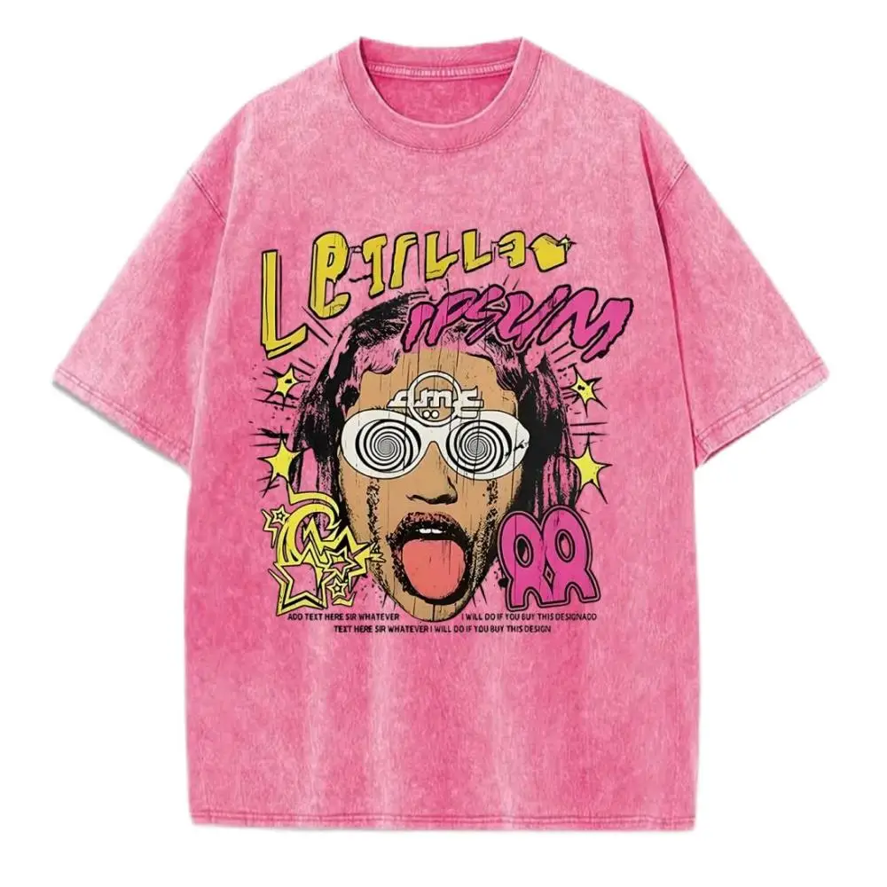 Funny, Sticking Out Your Tongue Prints Washed T-Shirt Women Cotton T Shirts O-Neck Oversize Acid Wash Tops Casual Womans Clothes