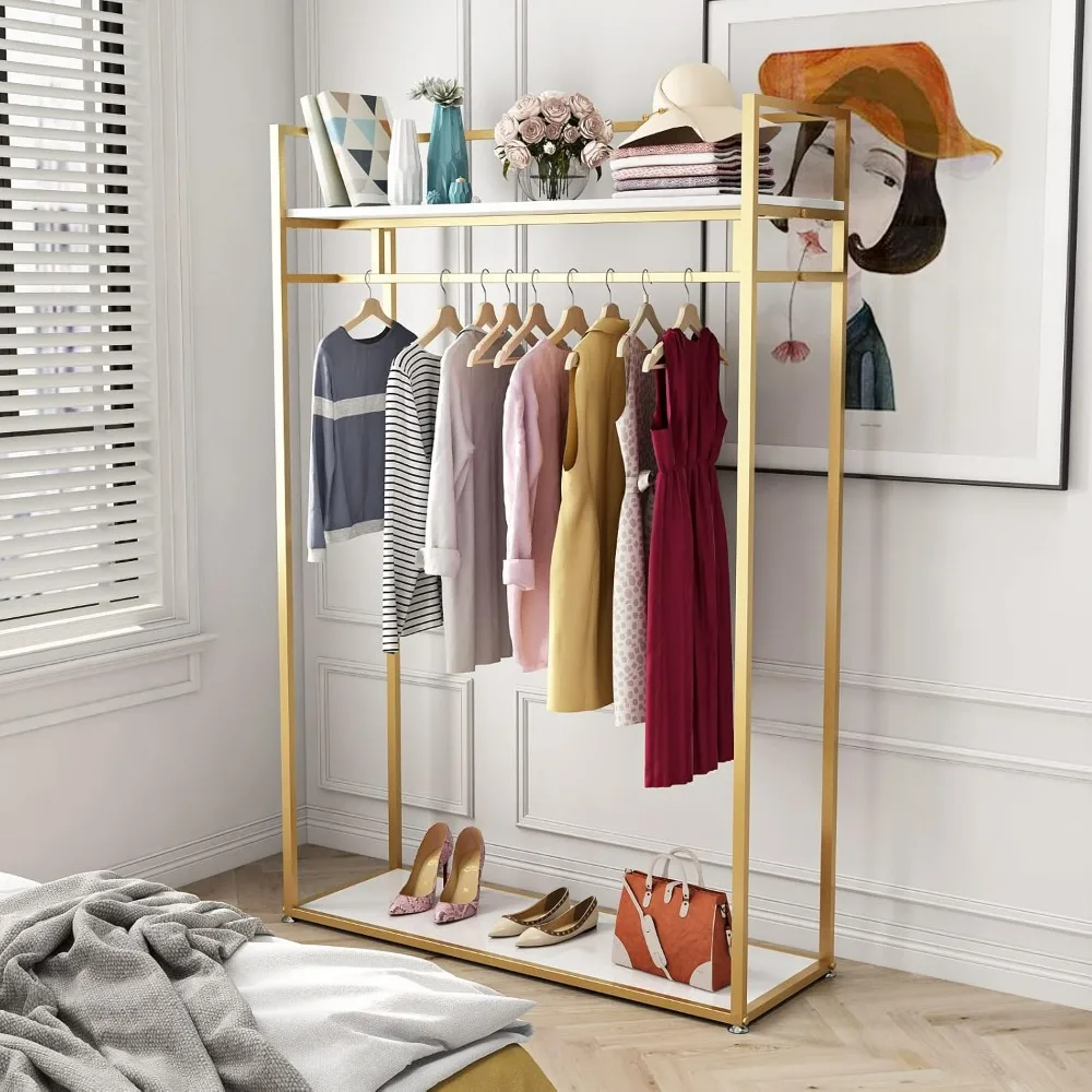 Sturdy Gold Metal Clothing Rack with Hanging and Shelves for Retail Display, 47.24 Linear Feet