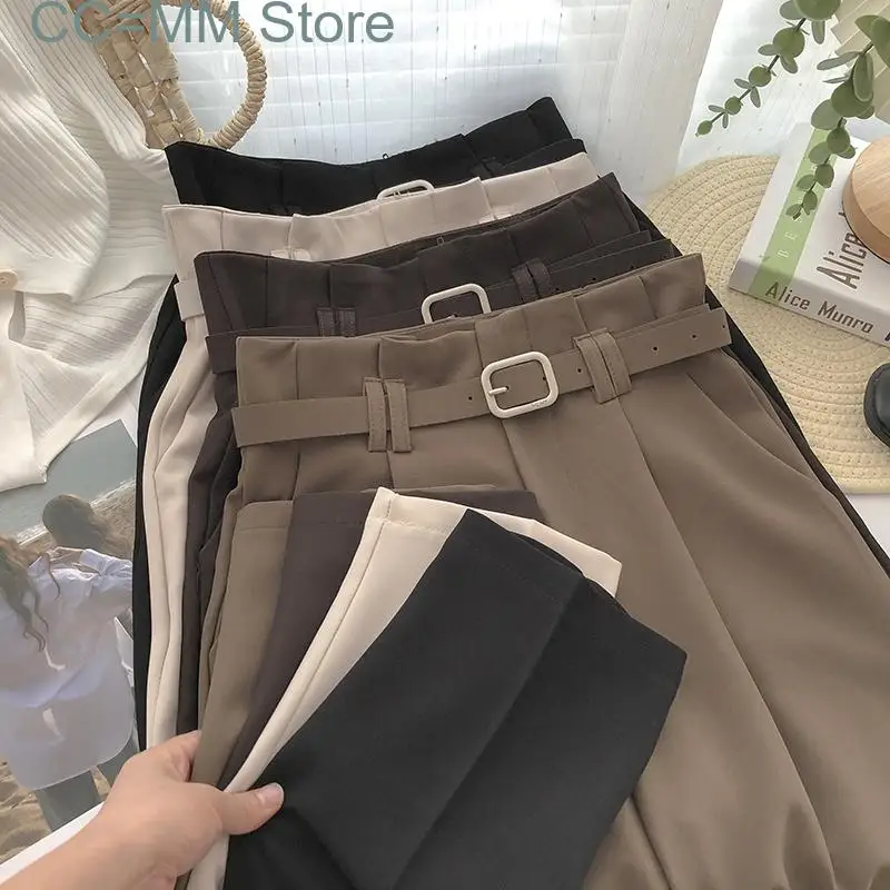 New Women Pants Suit Office Spring Summer Korean Fashion Wide Leg Ankle-Length Pants Belt High Waist Pants Streetwear