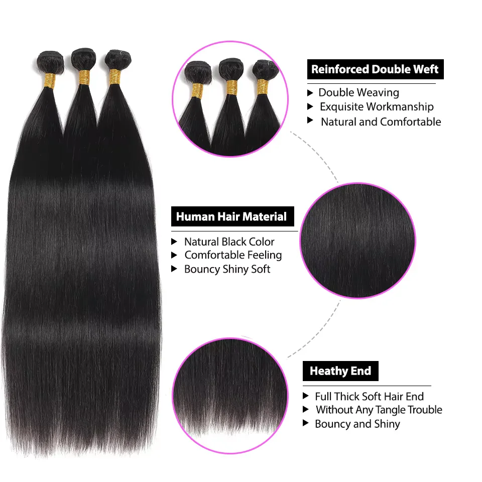 Ciocche di Capelli Umani Malese Lisci, Estensioni di Capelli Remy Setosi 1/3/4 Ciocche, 12-40 Pollici, Doppia Trama, per Donne di Colore - immagine 5