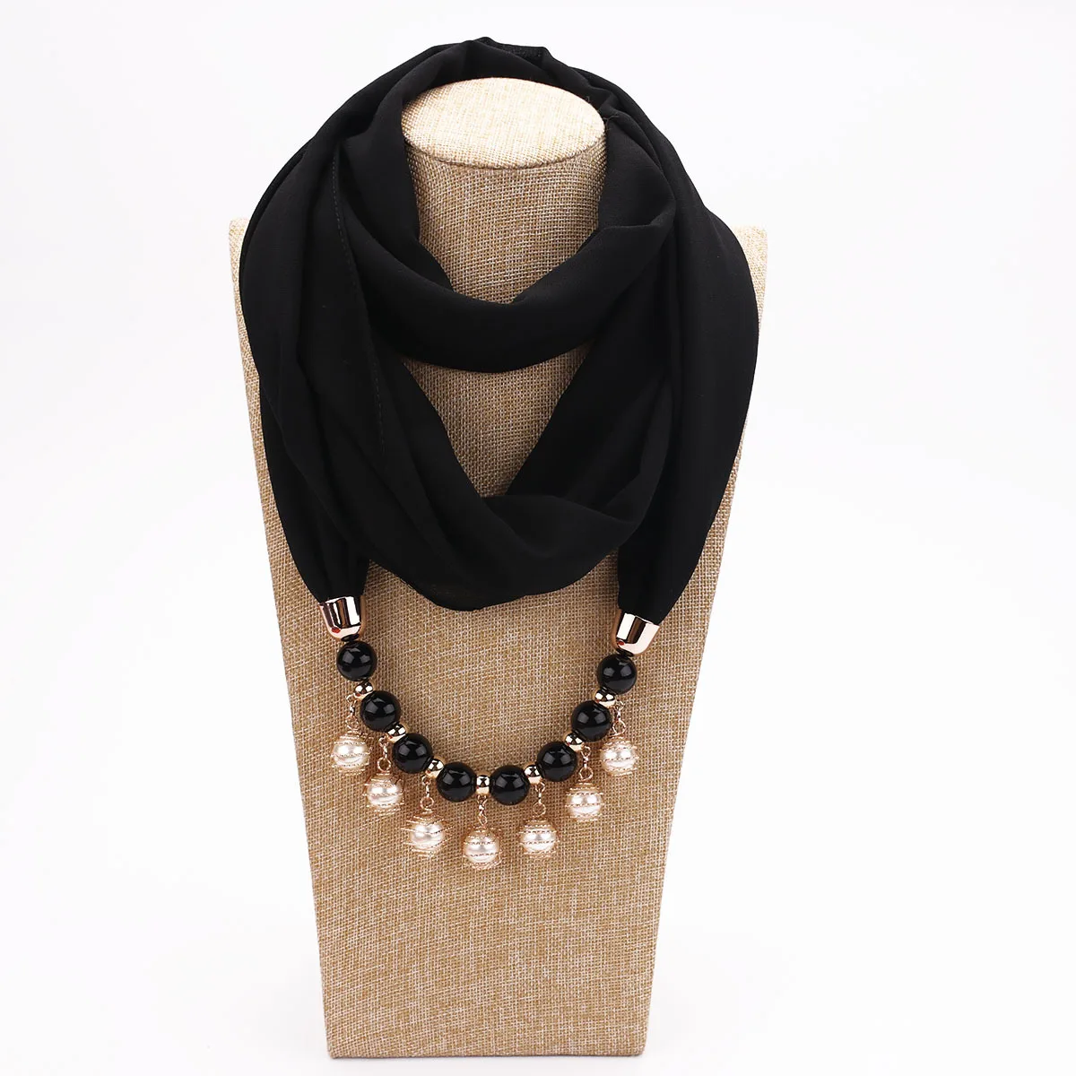 S3fa971db50f146848cb9b30cb914a47cd Women Chiffon Neckerchief Hijabs Scarf Necklaces Beads Pearls Solid Color Jewelry Shawl Pendant Scarves Bohemia Head Scarf Mallzona