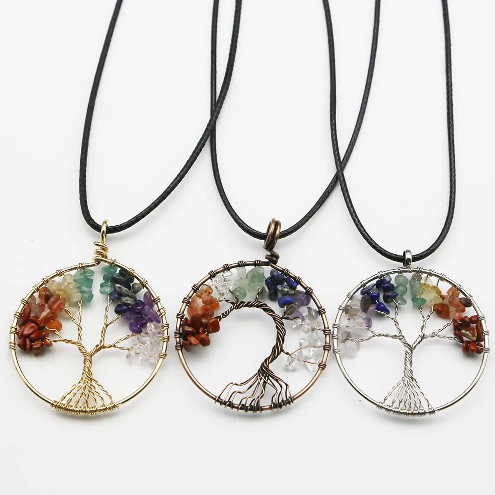 Natural Colorful Stone Crystal Fortune Life Tree Pendant Leather Rope Necklace Reiki Charm Fashion Jewelry Accessories Gift 6Pcs