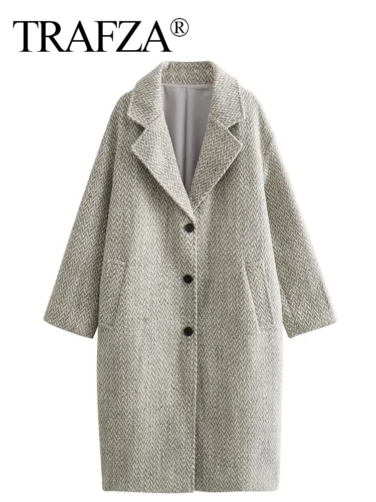 

TRAFZA Winter Chic Female Vintage Turndown Collar Loose Long Jacket Women Casual Single Breasted Long Sleeve Coat Streetwear