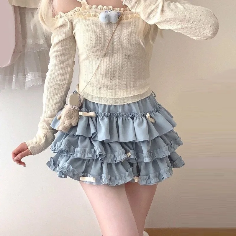 Women Short Skirt Female Elastic Waist Tutu Skirts Ruffled A-line Mini Pleated Cake Skirt 2