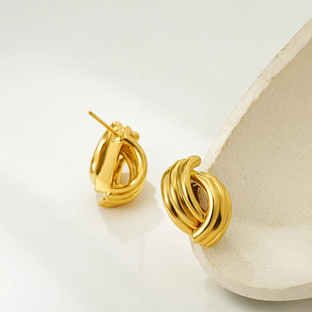 New Trendy Intersection Geometric Waterproof Ear Studs for Women Multilayer Textured Striped Metal Knot Big Stud Earrings Bijoux