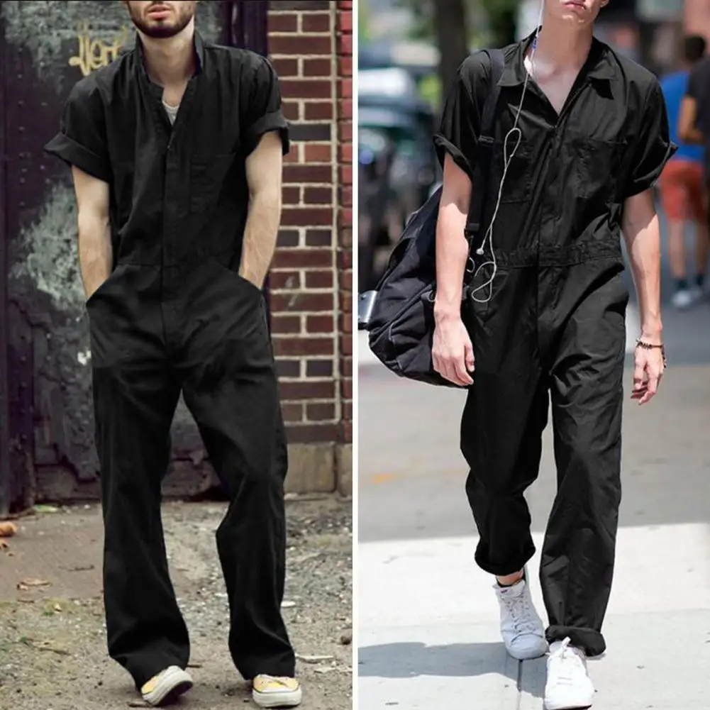 

Cargo Pants Solid Color Button Closure Turn-down Collar with Pockets Dress-up Polyester Men Cargo Pants Casual Jumpsuit for Men