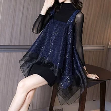 

Women's 2021 spring and autumn new ladies fashion chiffon stitching slim see-through dress vestido midi elegante