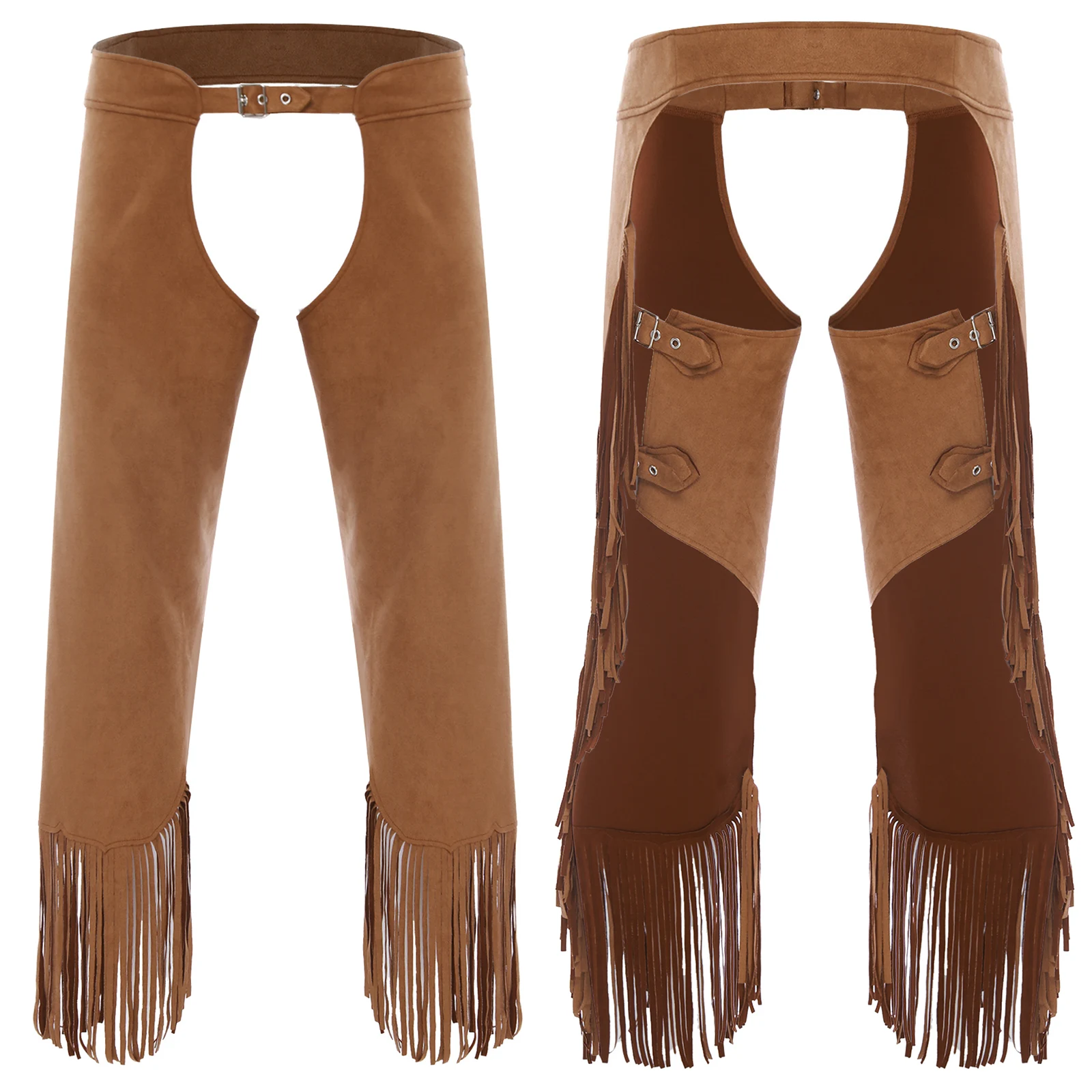 Women Western Cowgirl Cosplay Costume Adjustable Buckle Open Crotch Fringe Retro Chaps Pants for Halloween Carnival Raves Party