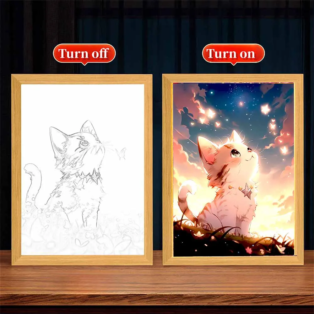 Cute Cat Kawaii LED Night Light - Adorable Moon Lamp and Picture Frame