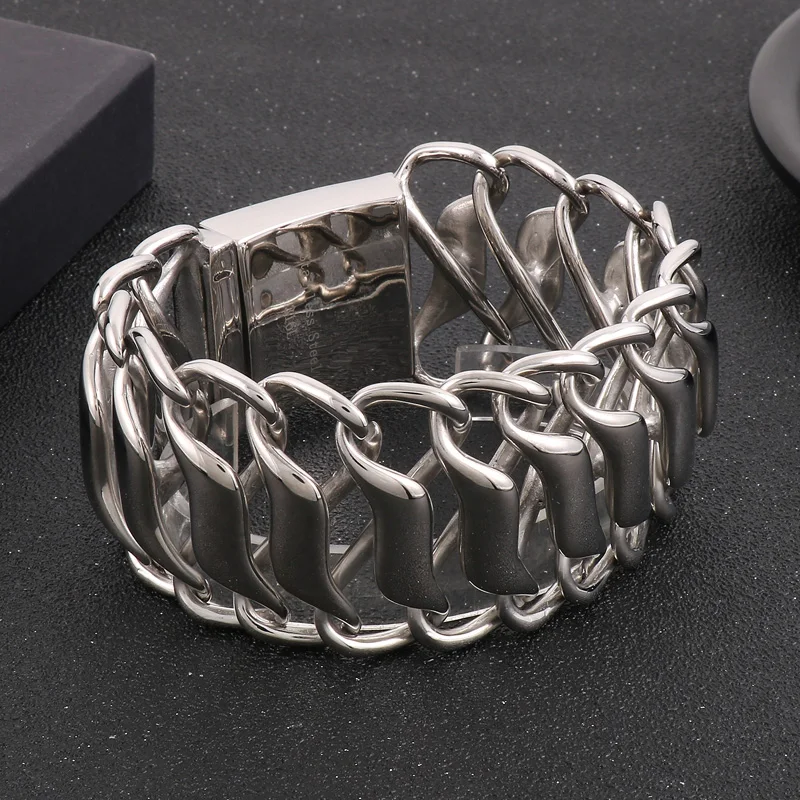 Fongten Twisted Charm Bracelet For Men Silver Color Shiny Stainless Steel Hollow Chain Man Bracelets Jewelry Wholesale