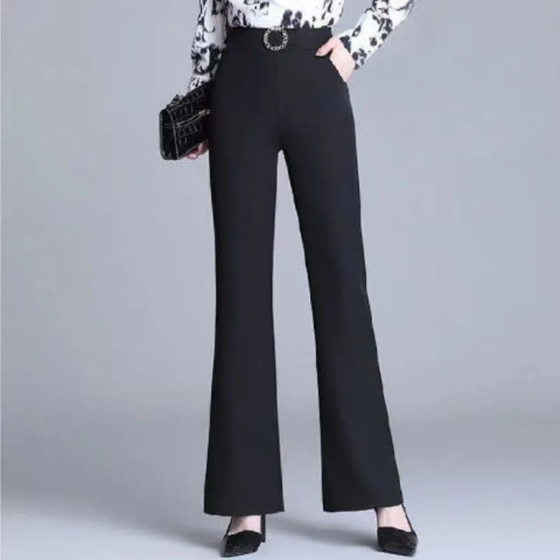 2023 Autumn and Winter Women's High Waist Patchwork Pockets Slim Stripes Solid Color Fashion Casual Elegant Micro Pull Pants