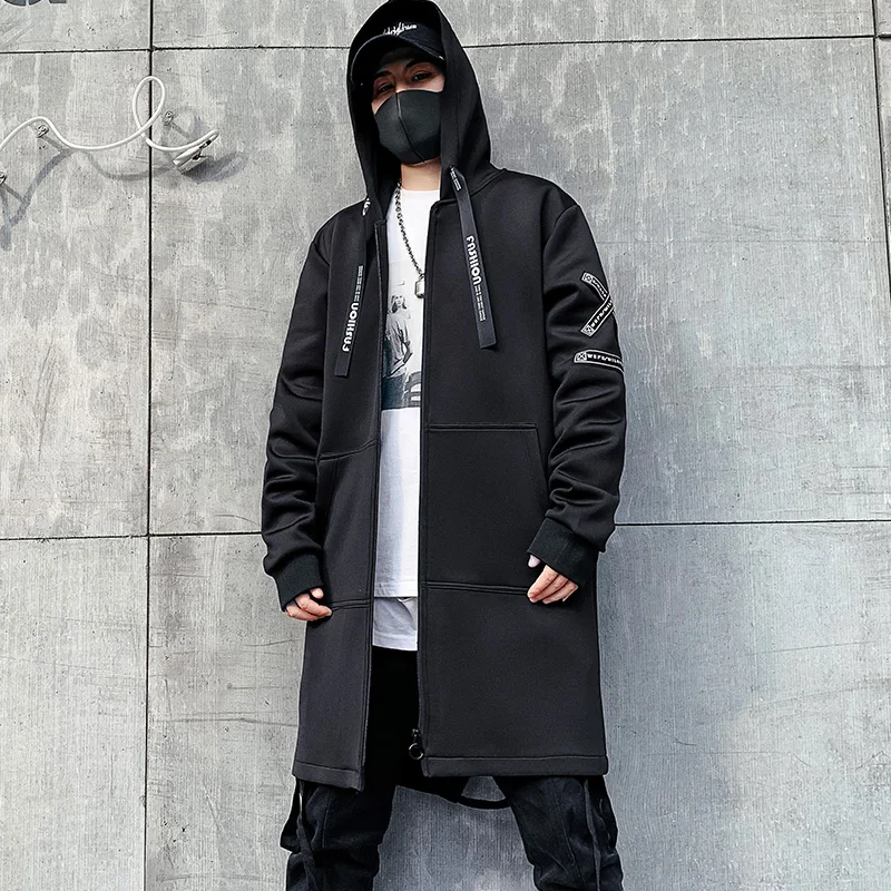 Men Trench Coat 2023 Fashion Printed Streetwear Hooded Harajuku Windbreaker Slim Fit Ribbons Outwear