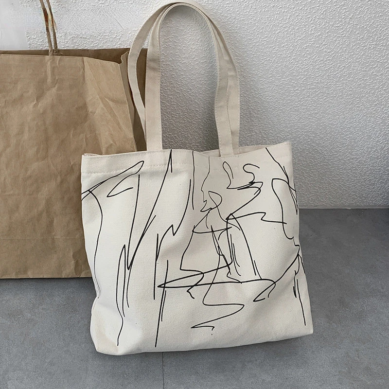 

Foldable Simple Shoulder Bag Reusable Canvas Eco Shopping Bags Large Capacity Tote Bag for Women Line Design Fashion Handbag