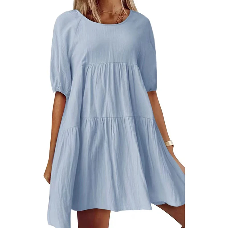 

Casual Loose Solid Mini Dress Elegant O-Neck Short Sleeve Ruched Higt Waist A-Line Dresses Fashion Simplicity Holiday Dress Lady