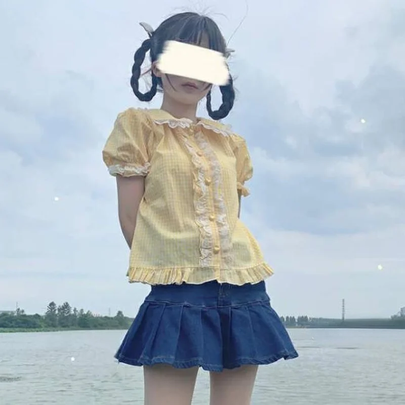 여성용 피터팬 칼라 격자 무늬 크롭탑 셔츠, 슬림 카와이 사랑스러운 스위트 클래식 레트로 베이직 칼리지 얼짱 젠틀 인스, 신제품