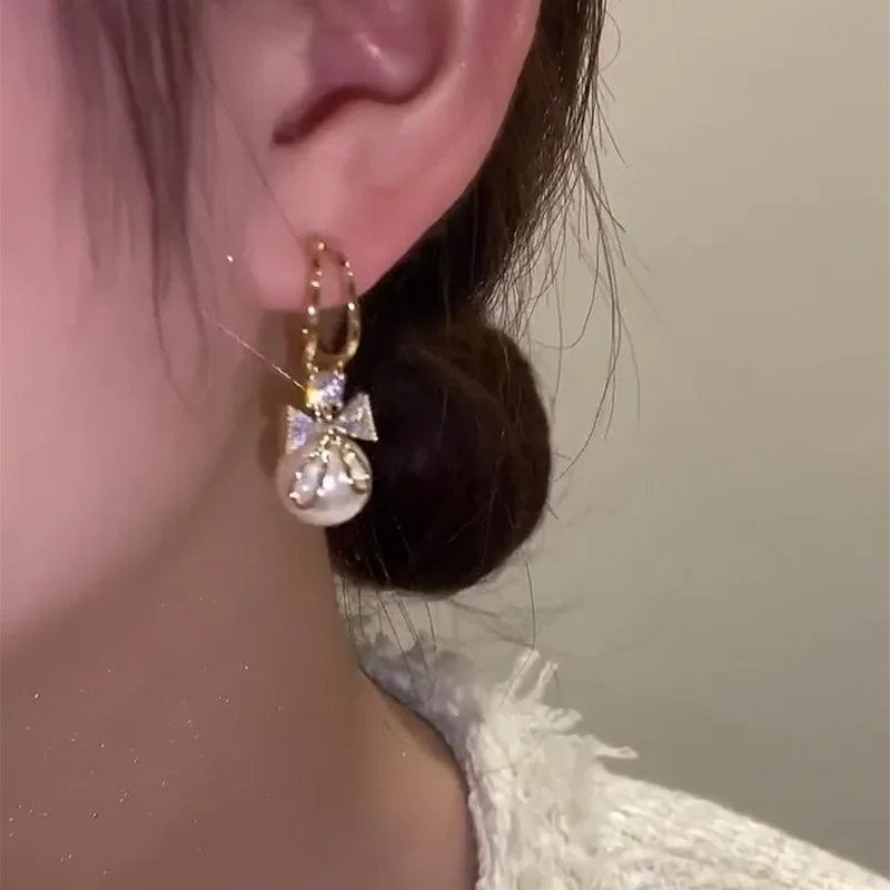 Gold Color Pearl Bow Knot Earrings Pendant for Women Jewelry