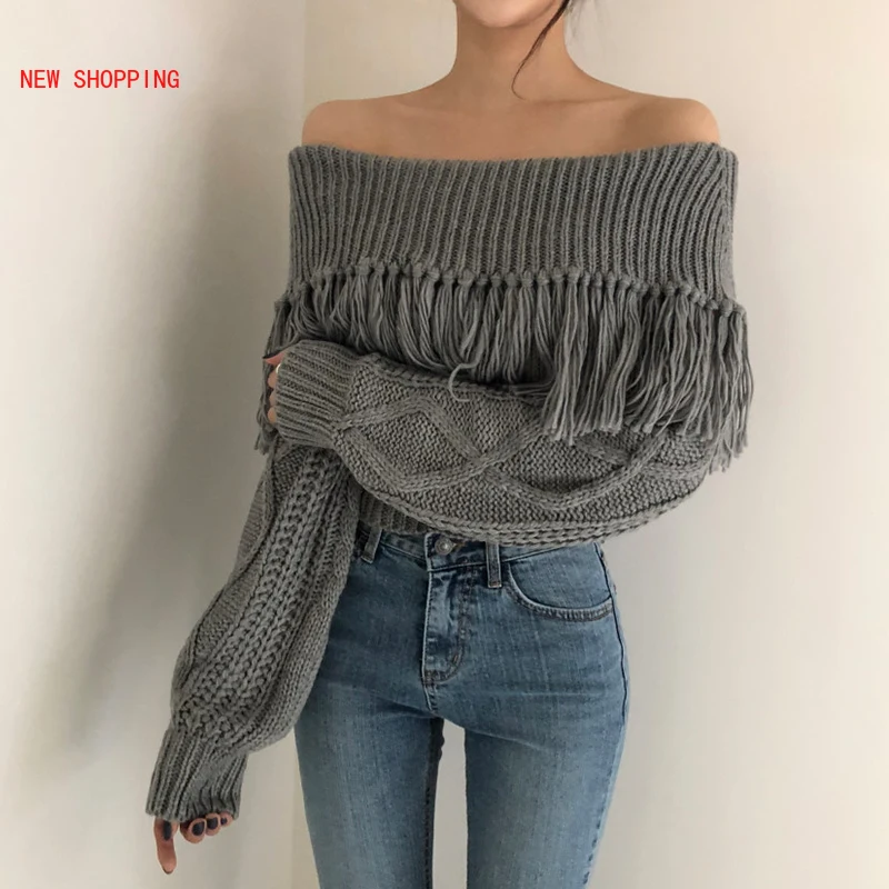 

Tassel Crop Sweater Sexy Off Shoulder Vintage Yellow Women Club Street Loose Long Sleeve Twist Knitted Pullovers Korean Jumper