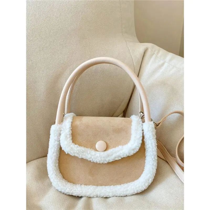 JIAERDI Sweet Cute Plush Handbag Women Khaki Panel Square Shoulder Bag Ladies Korean 2025 New Autumn Winter Casual Crossbody Bag