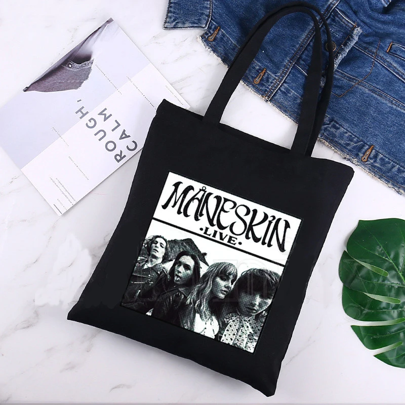 Maneskin Ladies Handbags Cloth Canvas Tote Bag Black Shopping Travel Women Eco Reusable Shoulder Shopper Bags Bolsas De Tela