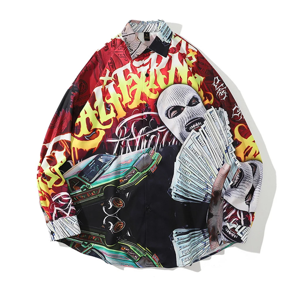 

Chicano American Rock Shirt Hiphop Casual Dark Graffiti Goth Lapel Long Sleeves Street Fashion Loose Top Trendy Men's Clothing