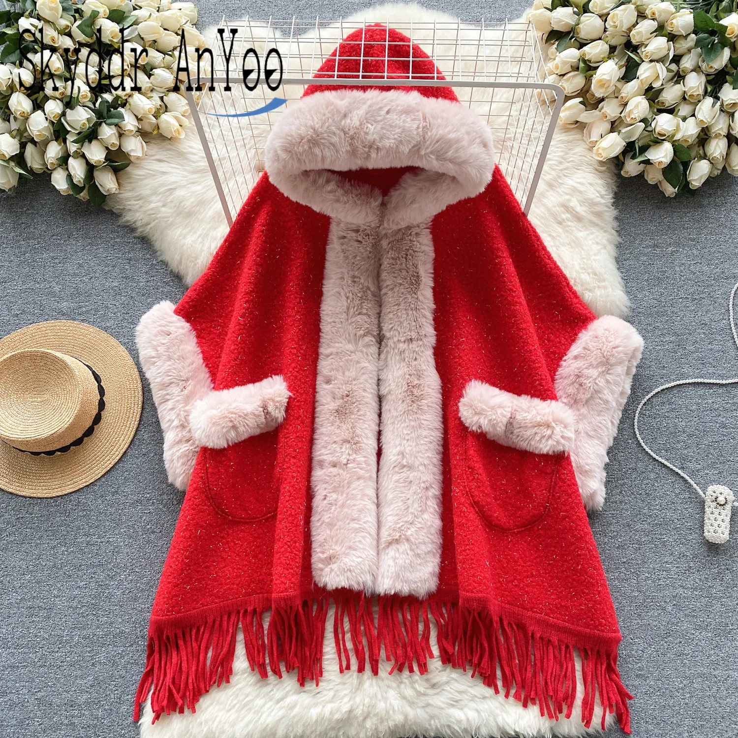 2023 Autumn Winte Women Luxury Cape Coat Loose Hooded Thick Warm Shawl Outerwears Elegant Fur Panel Female Coats Clothes