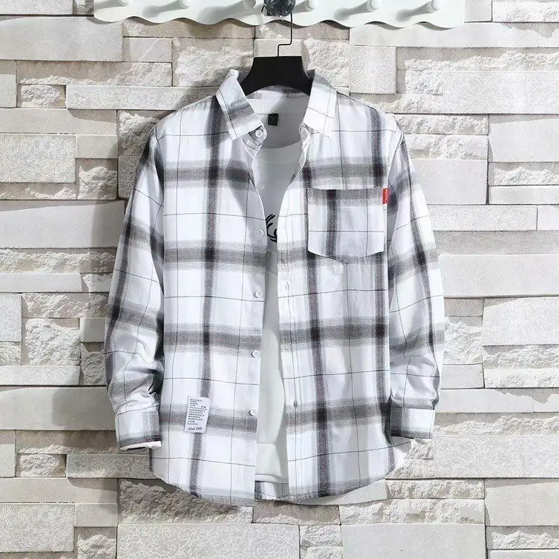 Plaid Male Top with Pocket Long Sleeve Men's Shirt and Blouse Designer Slim Fit Casual Cheap Brand Button Fashion 2024 I Clothes