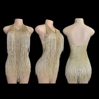 Sparkly Rhinestones Fringe Bodysuit WomenVightclub Party Dance Costume Stage Wear SexyTassel Leotard Performance Clothing 7G 6