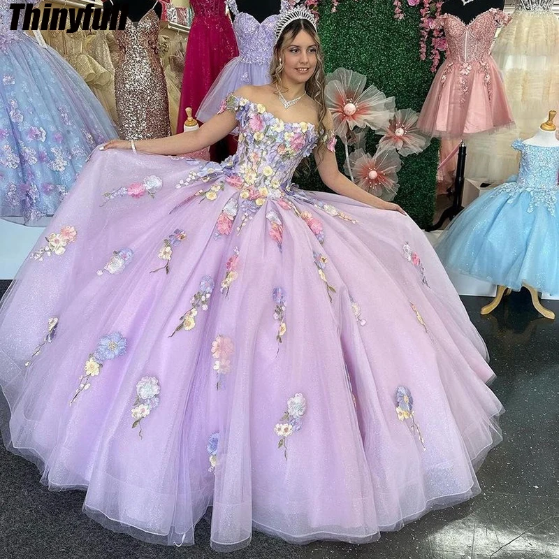 

Thinyfull Tulle Quinceanera Dresses A-line Off Shoulder Flower Appliques Party Princess Birthday Gown for Sweet 16 Girls
