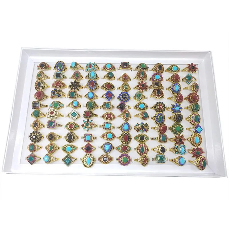 Vintage Antique Gold Plated Rings for Women 10Pcs Mix Style Colorful Stone Beads Finger Rings Party Jewelry Gift