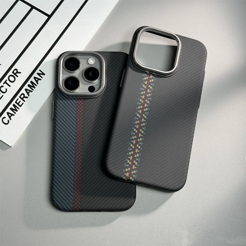 Abstract Carbon Fibre MagSafe Case with Alloy Lens Bumper and Wireless Charging Capability