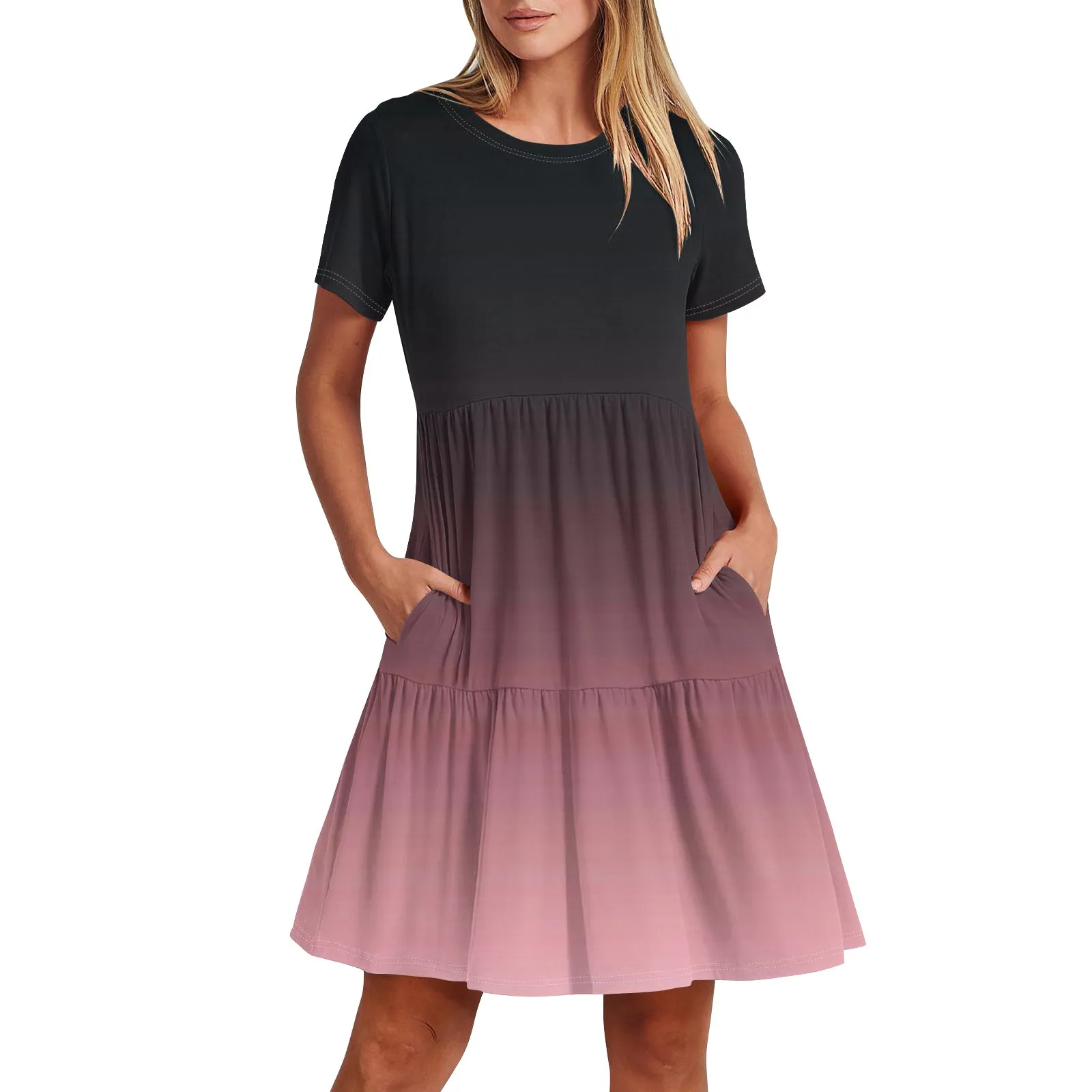 

Высококачественное женское повседневное модное платье миди с круглым вырезом и коротким рукавом и принтом 2024 в Корейском стиле с карманами летнее платье