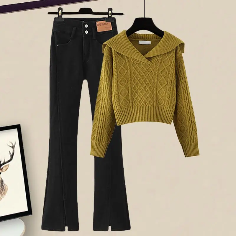 Large Sweater Women's Autumn Set Women's 2023 New Doll Neck Sweater Versatile Jeans Two Piece Set Winter Clothes Women Pant Sets
